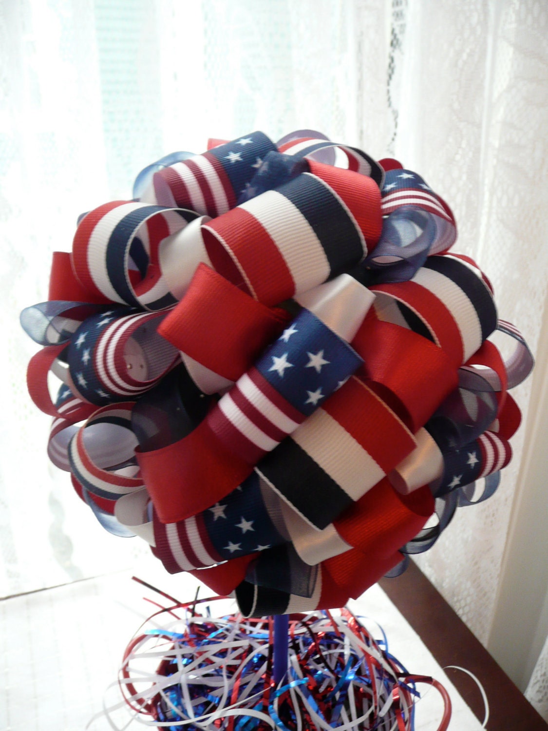 Red, White & Blue/Flag/Stars and Stripes/4th of July/Hero/Veteran/Patriotic Ribbon Centerpiece Topiary