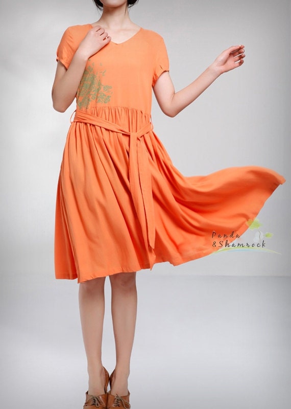 orange tree/women dress/linen/long/flowing/belt/print