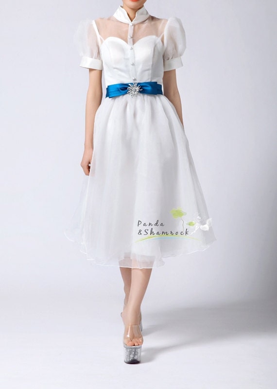 Vera/wedding gown/women clothing/bridal dress/organza/tea length/bubble sleeves/vintage style/simple/custom made/ALL SIZE