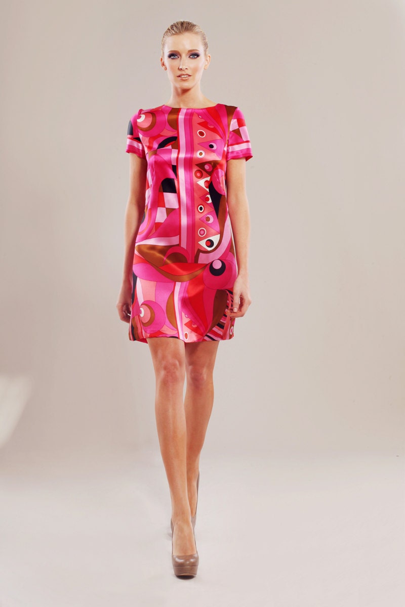 Silk-satin geometric print A-line dress