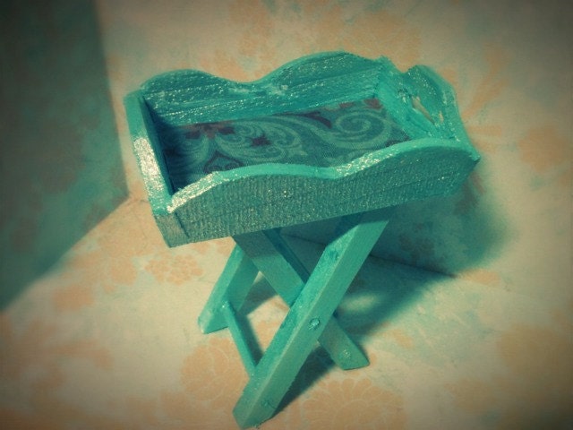 Miniature Shabby Chic Wooden Serving Tray and Foldable Stand, Pearl Blue