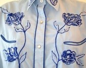 Light Blue Vintage Rockabilly Western Shirt With Embroidery