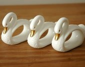 Swan Bird Napkin Rings, Bone China, Set of 3, White with Gold