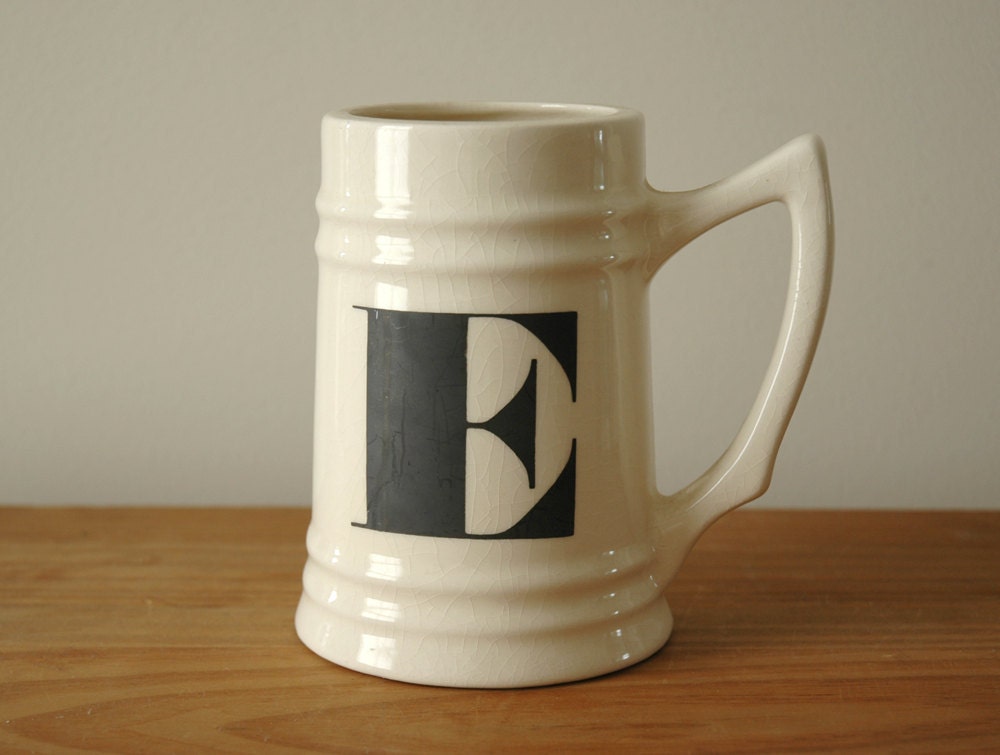 Letter E Beer Stein Mug, Vintage Typography Initial