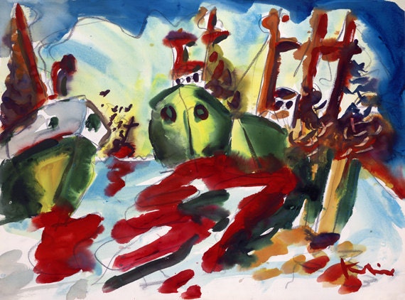 Journeys End Howard Kline sea art green red boats at harbor home decor decoration watercolor print