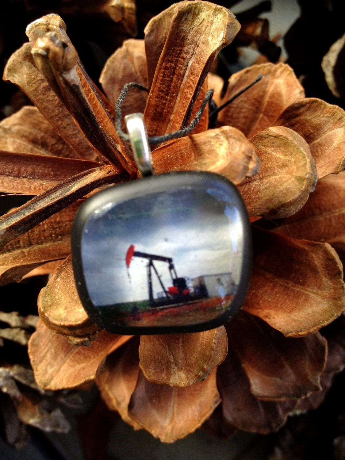 Pumpjack glass necklace. Handmade glass West Texas Sunset Pump jack. One of a kind southern pendant. Unique oil rig oil field piece.