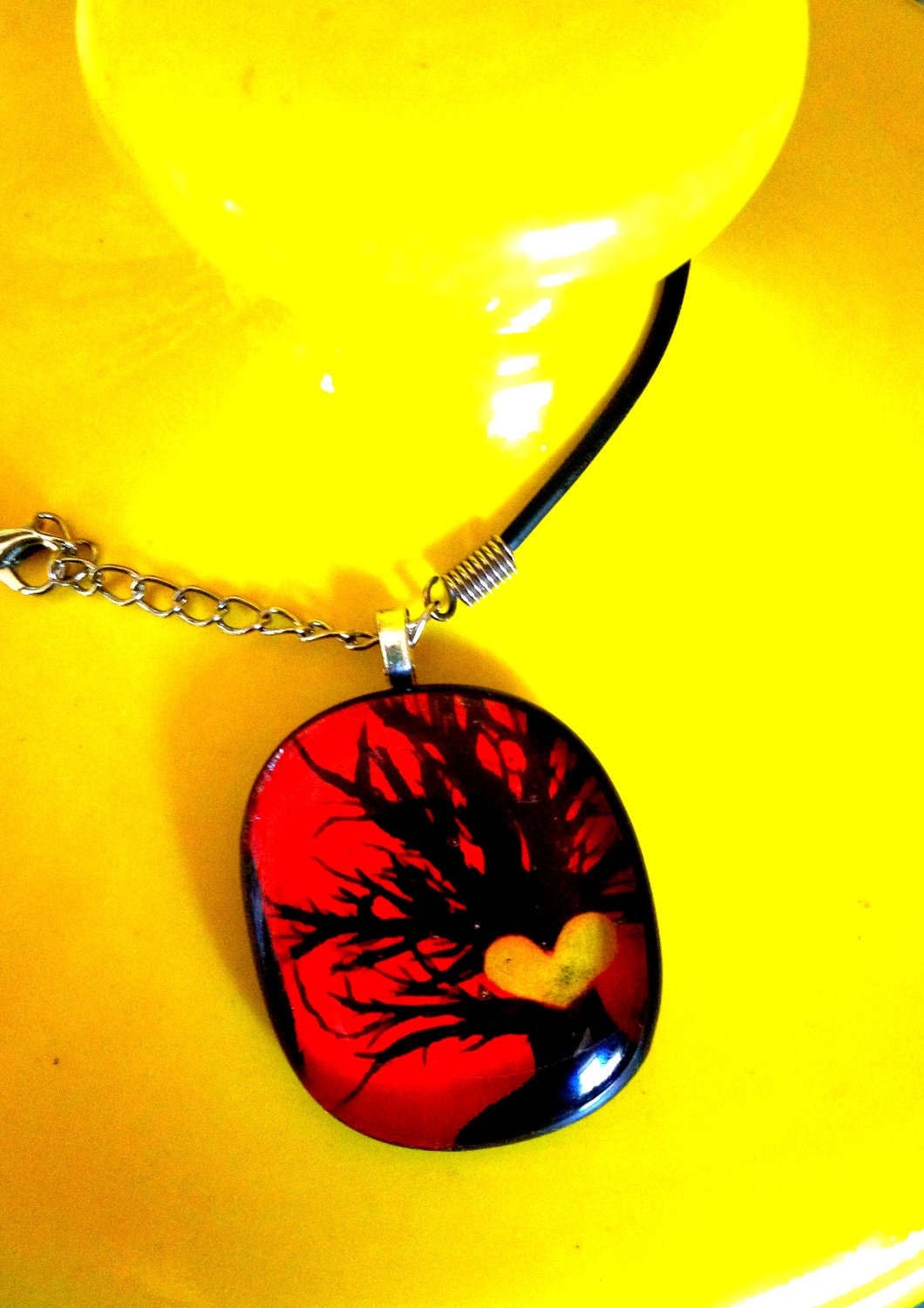 Red, yellow, and black heart tree glass necklace. Unique jewelry, handmade glass, great gift. Funky, colorful, vibrant. Unique, fun, sweet.