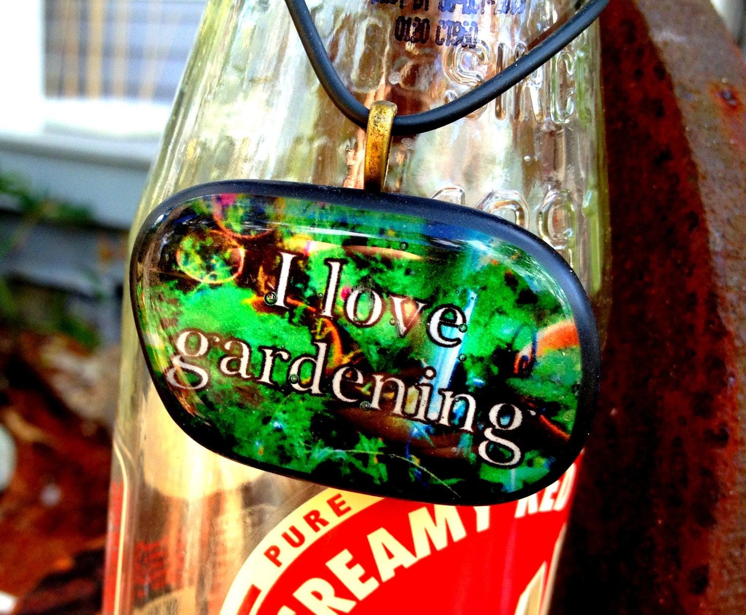 Gardening glass necklace. I love gardening. Gardener jewelry. Perfect gift for gardener. Nature, funky, glass, necklace, garden jewelry.