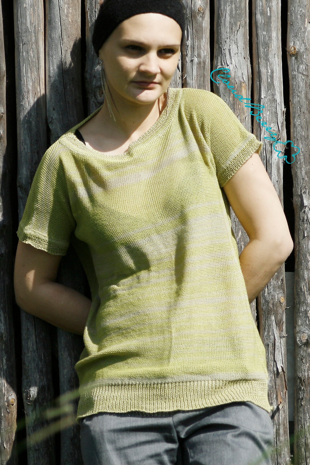 Pale green beige striped fine knitted top sweater Tshirt size S europeanstreetteam women clothing