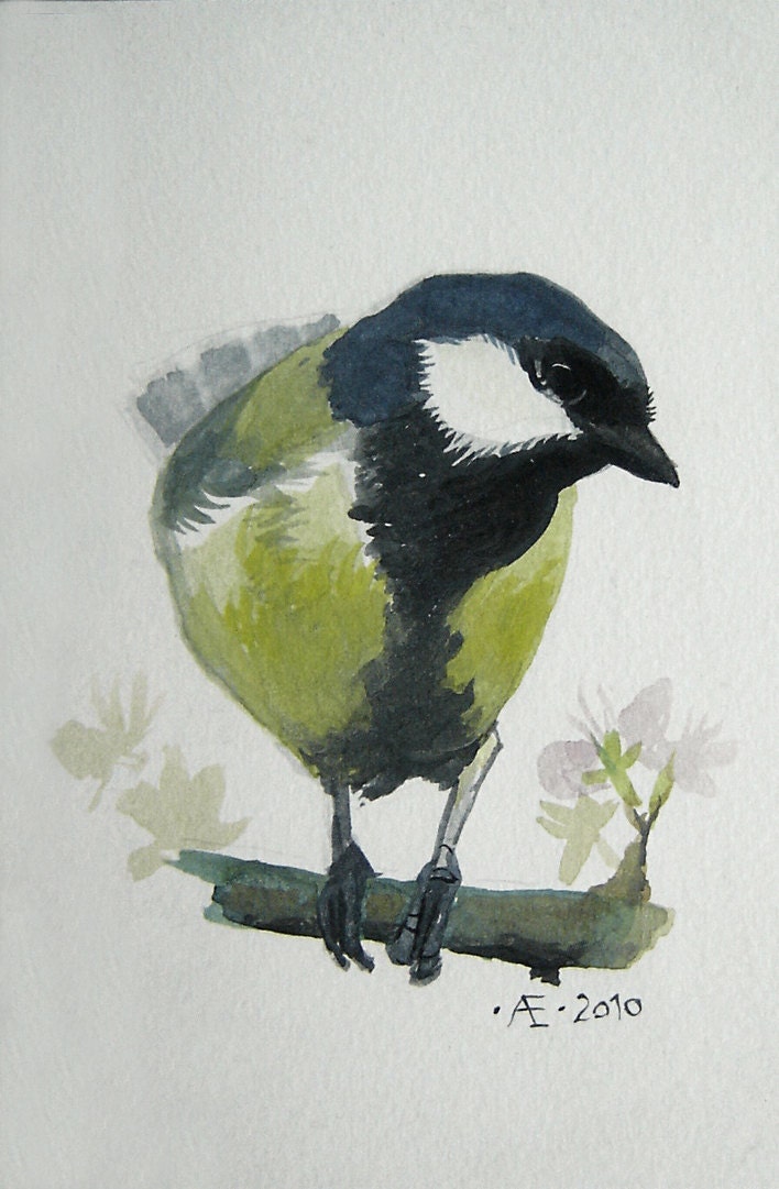 Chickadee Bird Painting, Great Tit, yellow, black, framed, original watercolor painting - bird watching, vintage frame, delicate, cute