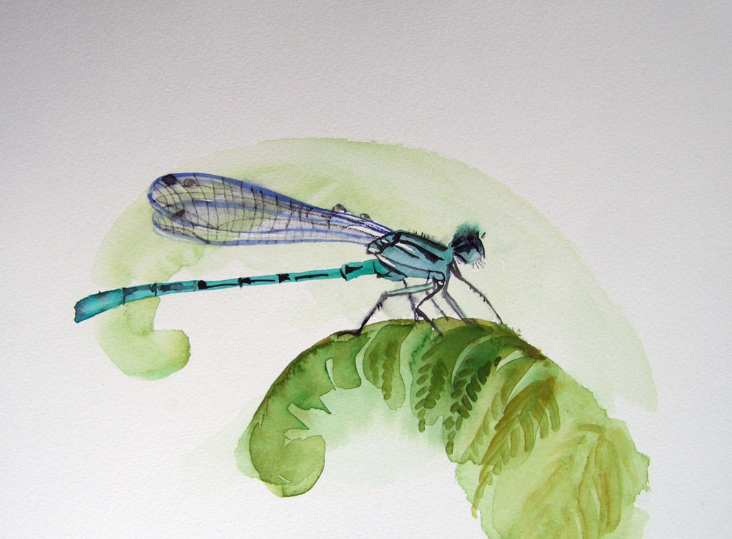 Turquoise Blue Dragonfly  painting, original watercolor, Libelle painting, dragonfly drawing, green, blue, white wall decor, natural history