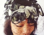 Black Floral Fascinator - Vintage Hat with Netting