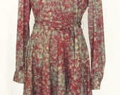 A-line Floral Print Dress - Maroon & Mint 1960s Dress- Size 4