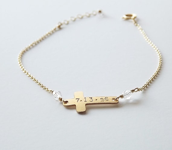 Personalized Bracelet - Hammered Gold Filled or Sterling Cross Bracelet - Gold Name Bracelet - Religious Bracelet