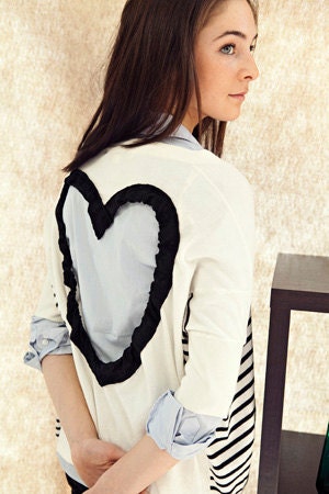 Heart Cut out Sweater  Upcycled Heart Sweater in Black/white  Back Cut Out Cardigan Sweater