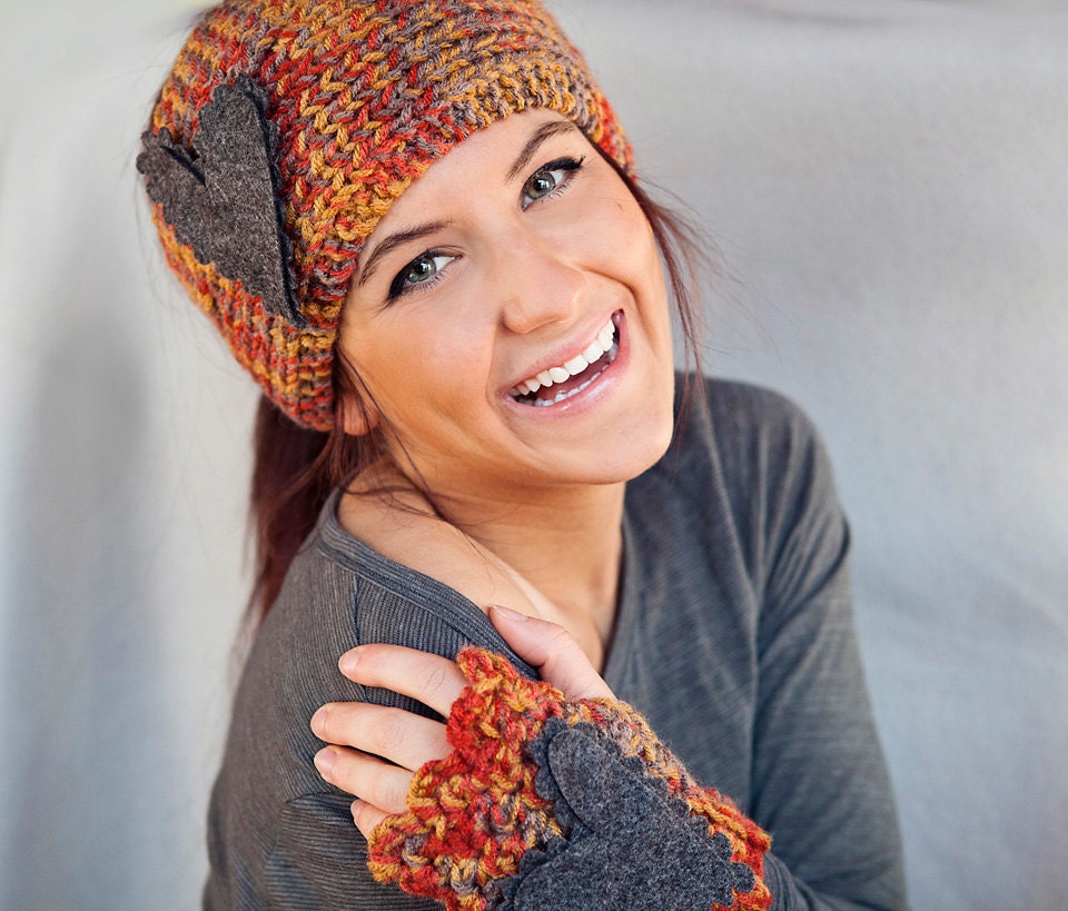 SALE Knitted Headband Rust Brown Gray Medley Headband Knitted Headband With Felt Heart READY To SHIP
