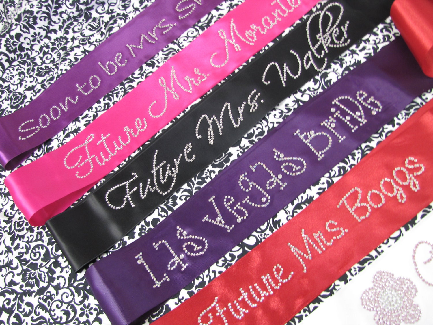 Personalized Satin Sashes with Crystal Rhinestones - Choice of Font, Colors - Bachelorette Party Sash -