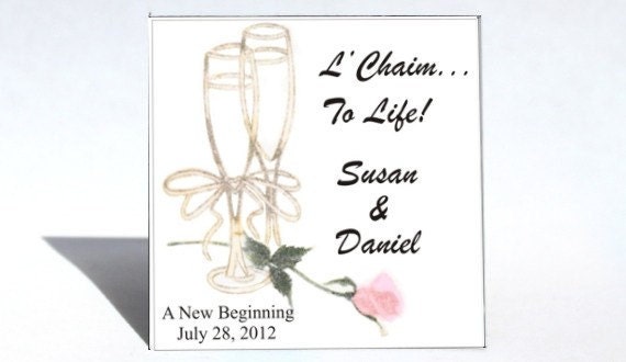 Personalized Wedding Favor - Magnet, Bridal, Married, bride, groom, Champagne Toast, Fluted crystal glasses, pink rose, Quantity 50