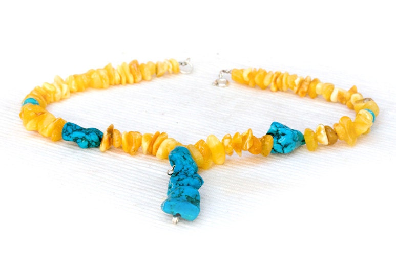 Butterscotch baltic amber and turquoise necklace - yellow and blue