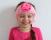 Lovely Knit Headband, Earwarmer with Pink Flower - Baby, Toddler, Child