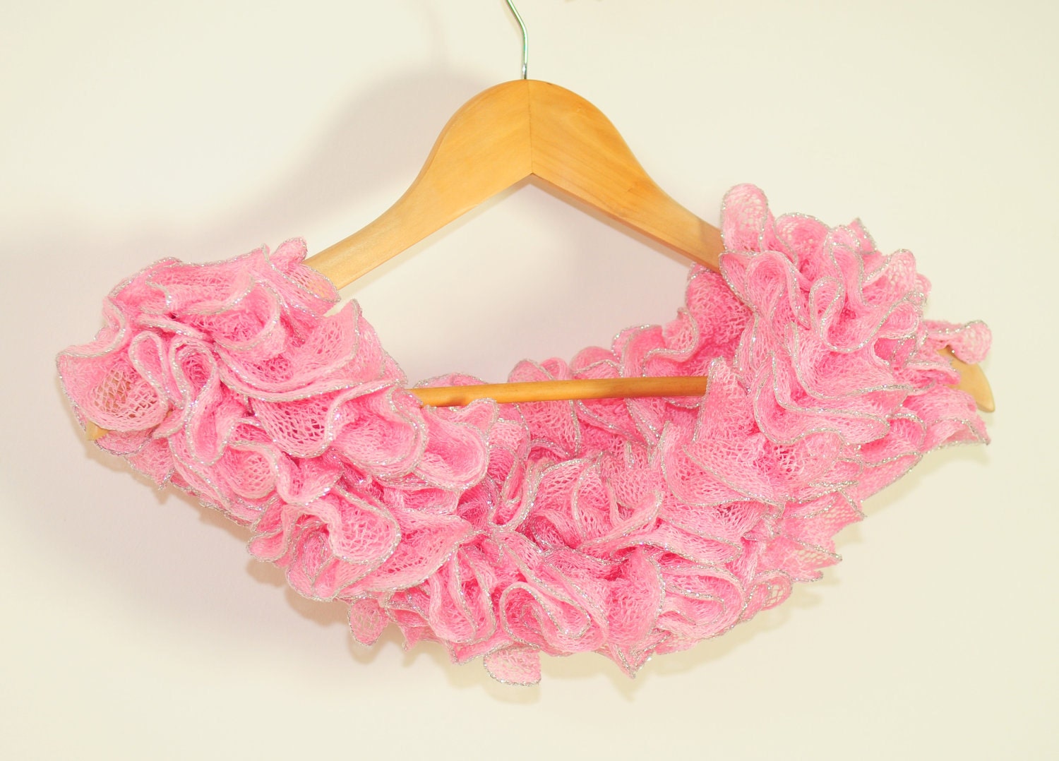 Ruffle Hand Knit Scarf in Soft Pink with Silver, Spring Accessories