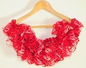 Ruffle Hand Knit Scarf in Red, Light Pink and White, Summer Accessories