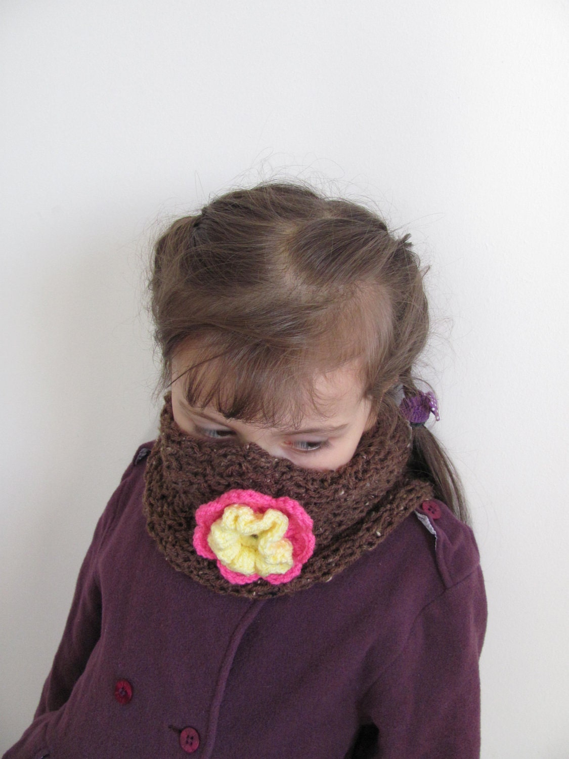 Girl's Neck Warmer Knit in Brown with Flower - Toddler, Child