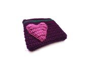 Purple and Green Crochet Wallet with Puffy Heart, womens pink change wallet, girls handmade wallet, gifts for her, valentines day