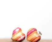 Recycled Skateboard Heart Shaped Earrings with Pink, Black and Natural Colors