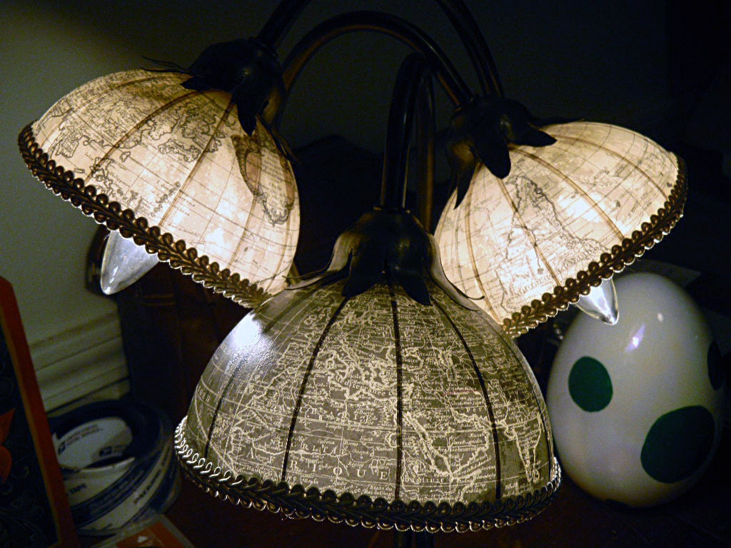 The Gaia Lamp--Brass Lillypad vase with French Globes as Shades