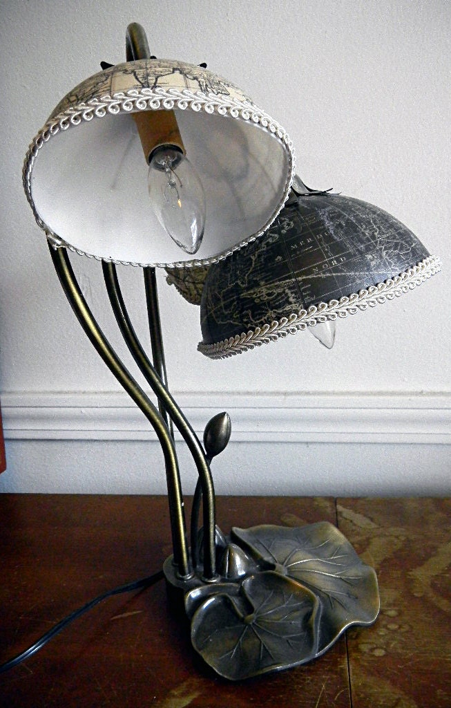 The Gaia Lamp--Brass Lillypad vase with French Globes as Shades