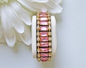 Beautiful soft pink baguette and clear round rhinestone cuff or bangle style black leather snap bracelet for 6.5 to 7 inch wrist B73