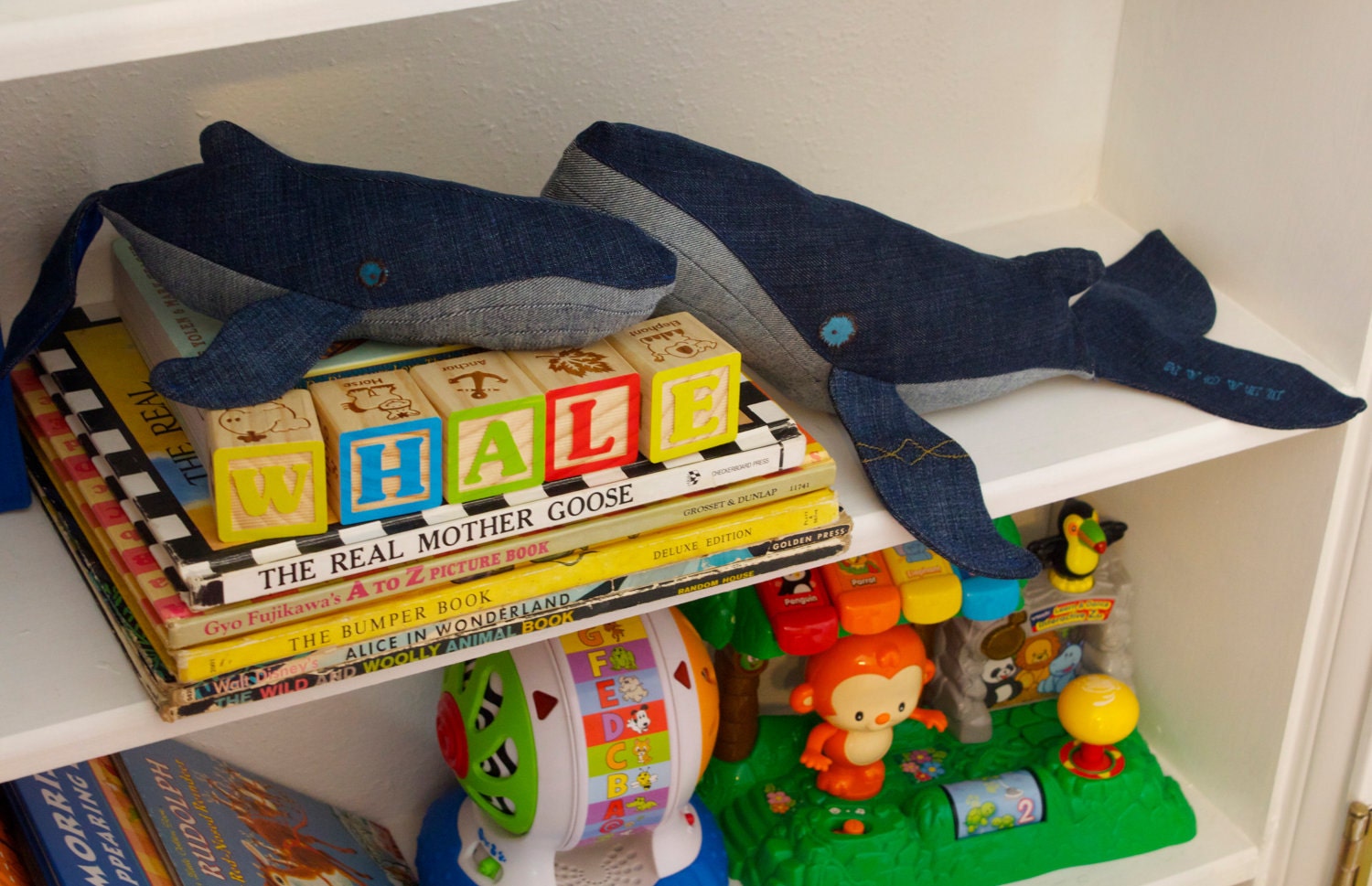 Realistic Humpback whale Mama & Baby, handmade plush whales created out of repurposed vintage denim