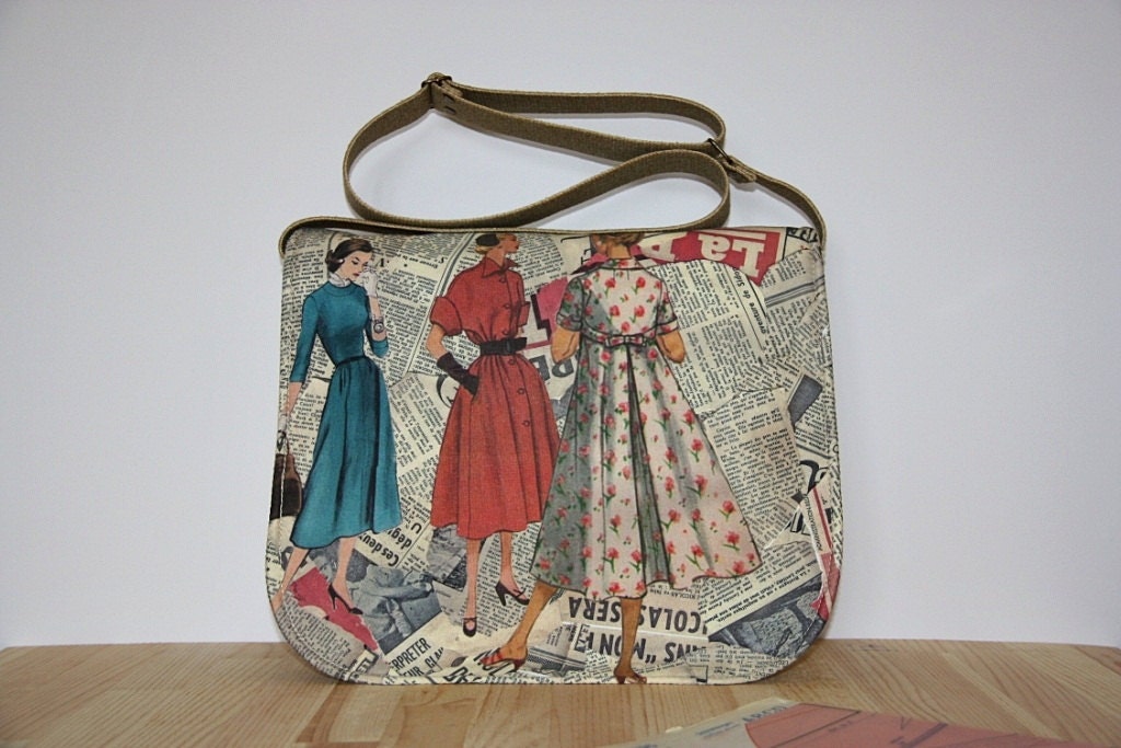1950's Vintage Sewing Pattern Prints Messenger Bag,Beige Waterproof  Vegan Tote ,Vintage Cross Body Bag,Cotton&Suede Bag