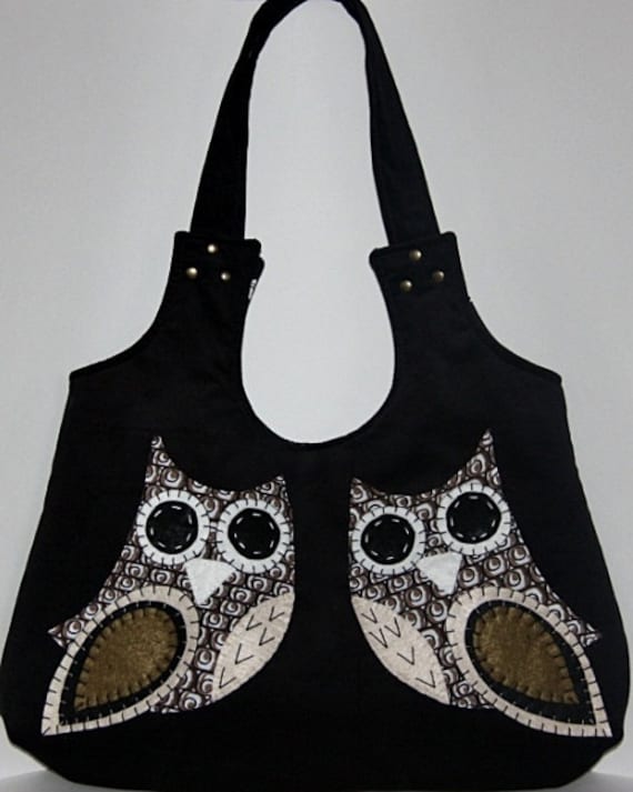 owl purse/ twin owls applique large shoulder bag / black hobo bag /large purse from black corduroy