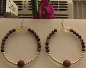 Silver and Brown Beaded Door Knocker Hoop Earrings with Tiger Eye Accents: "Tigress"