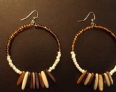Amber and White Beaded Hoop Earrings with Purple, Brown, and White Glass Hanging Beads- "Feathered"