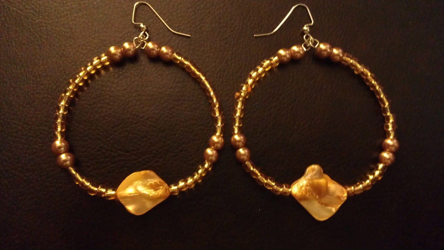 Yellow Beaded Hoop Earrings with Golden Pearl Beads and Iridescnt Yellow Shells: "Sun Catchers"