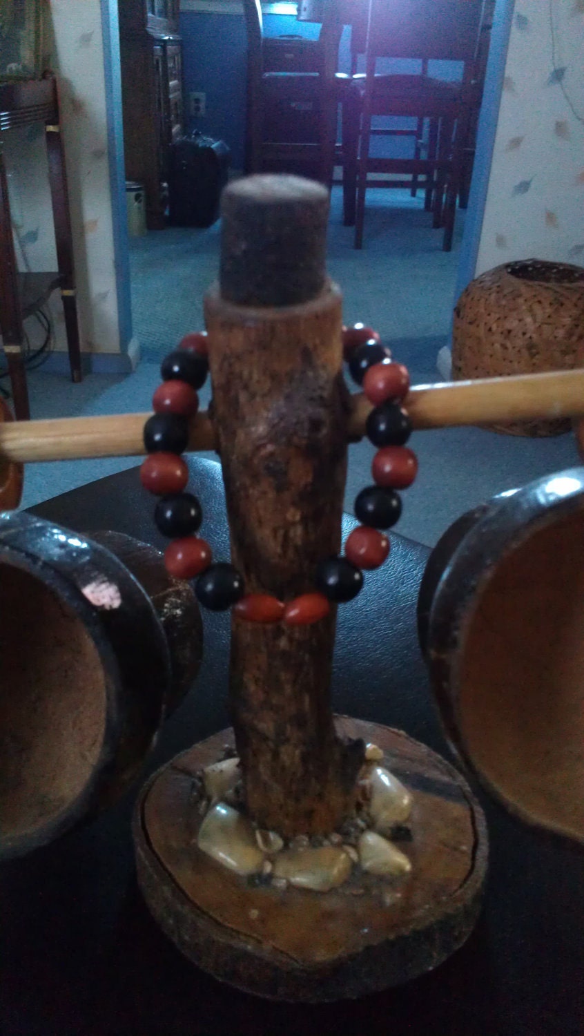 Men's Black and Rust Red Wooden Beaded Bracelet with Stretch Elastic Cord