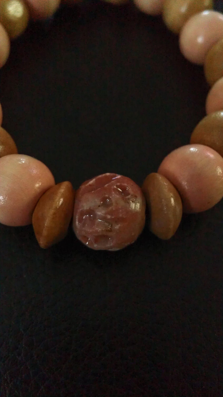 Women's Light Brown and Coral Pink Wooden Beaded Bracelet with Center Rose Ceramic Bead
