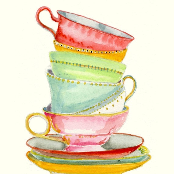Still Life Kitchen Decor Art Print of Original Watercolor Painting -- Teacups 2