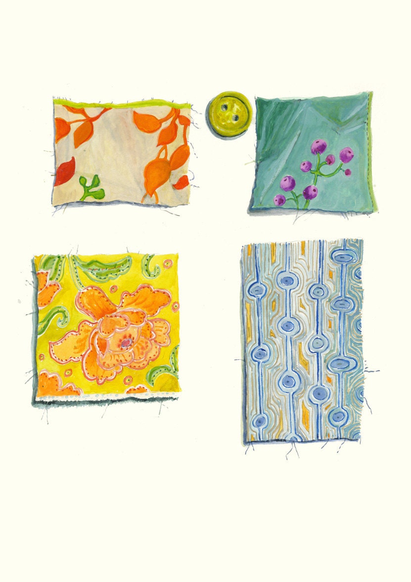 Art Print of Original Watercolor Painting -- Still Life with Vintage Textiles 5 -- Red