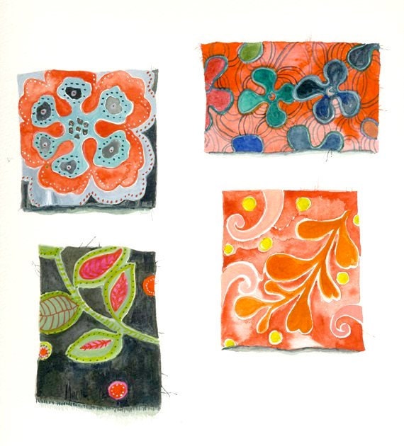 Art Print of Original Watercolor Painting -- Still Life with Vintage Textiles 5 -- Red