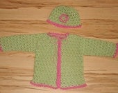 Baby cardigan and hat set, baby set green-pink, Model Autumn - Winter 2012/2013, Christmas gift, handmade crochet.