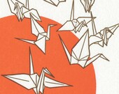 PEACE UNFOLDS oversized postcard featuring origami cranes and quote by Sadako Sasaki