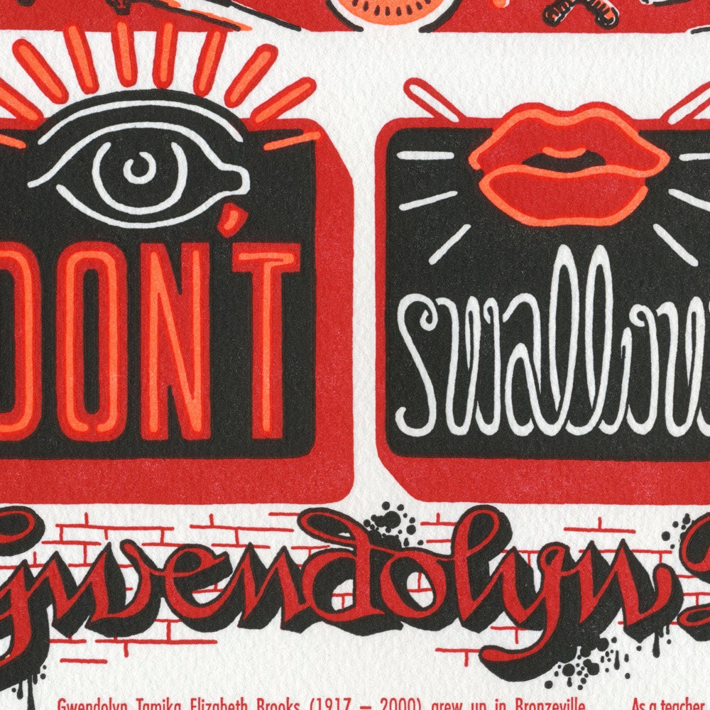 WARNING SIGNS oversized postcard featuring neon graffiti and featuring Gwendolyn Brooks
