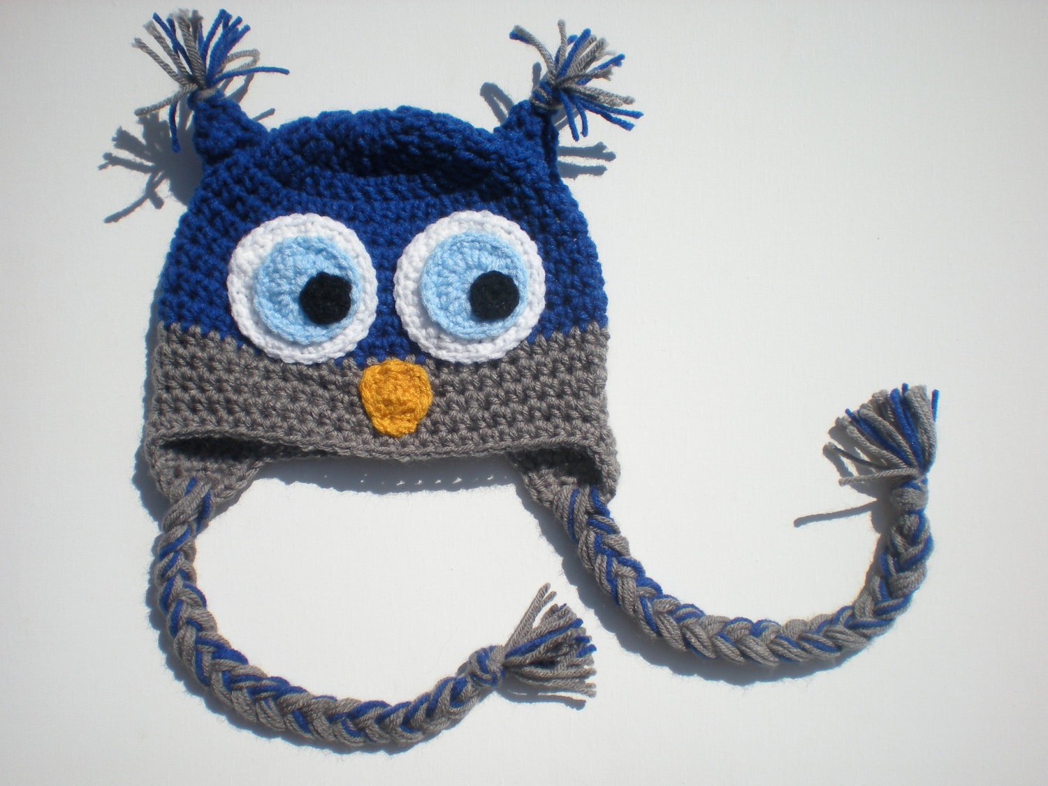 Owl hat, handmade crocheted baby / infant hat with earflaps and tassels, Size 6-12m, READY TO SHIP
