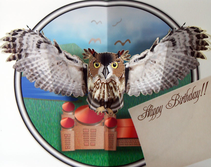 Pop up Owl Birthday Card, Flying owl with Happy Birthday message