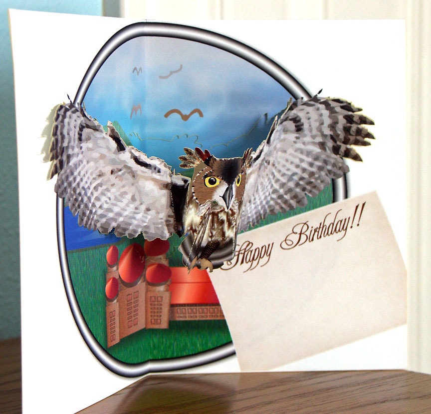 Pop up Owl Birthday Card, Flying owl with Happy Birthday message