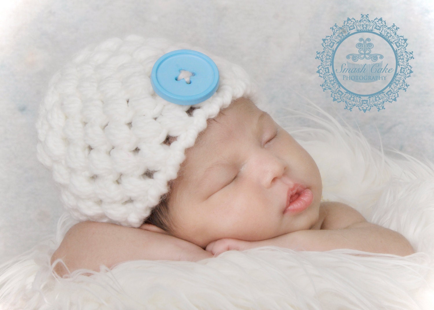 Newborn Boy Girl Hat in White with A Big Button, Infant Beanie, Photo Prop.